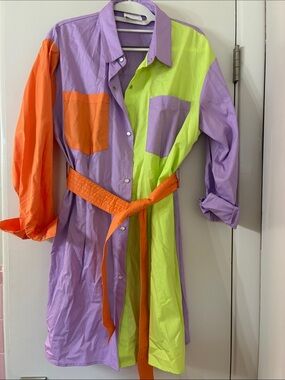 Colorblock Shirt Dress with Orange Belt - Lavender, Lime & Orange